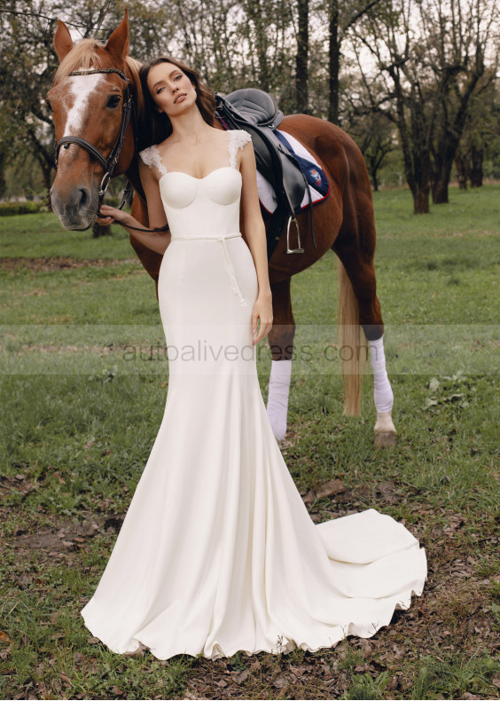 Beaded Cap Sleeves Ivory Satin Wedding Dress